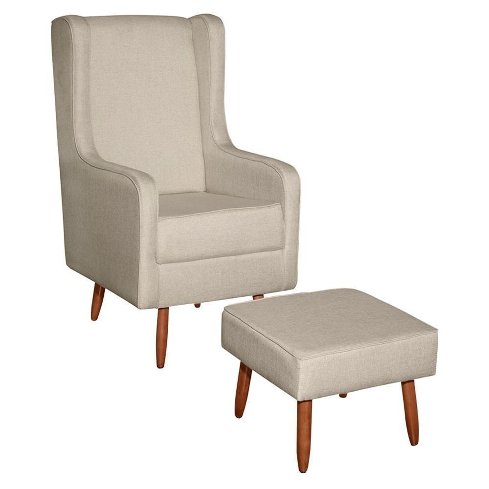 Poltrona De Amamentação Retrô Com Pés Palito E Puff Linho Bege - Fratello - 2