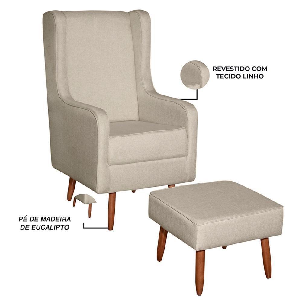 Poltrona De Amamentação Retrô Com Pés Palito E Puff Linho Bege - Fratello - 5