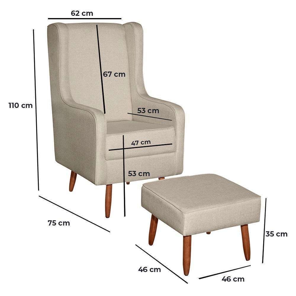Poltrona De Amamentação Retrô Com Pés Palito E Puff Linho Bege - Fratello - 6