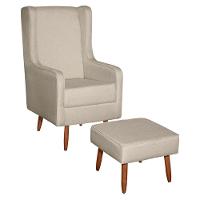 Poltrona De Amamentação Retrô Com Pés Palito E Puff Linho Bege - Fratello - 2