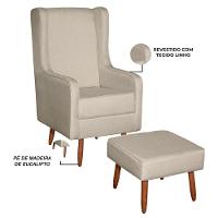 Poltrona De Amamentação Retrô Com Pés Palito E Puff Linho Bege - Fratello - 5