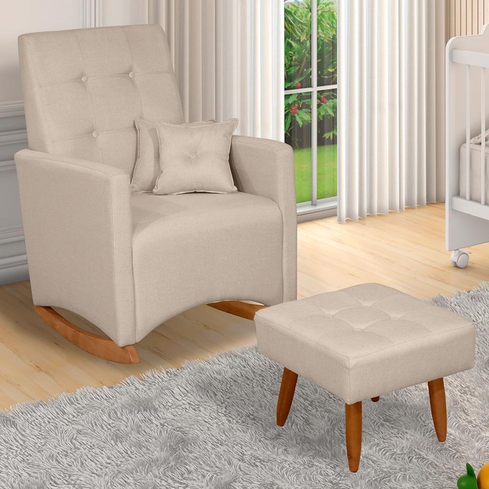 Poltrona De Amamentação Ana Com Balanço Pés Canoa E Puff Linho Bege - Fratello - 1