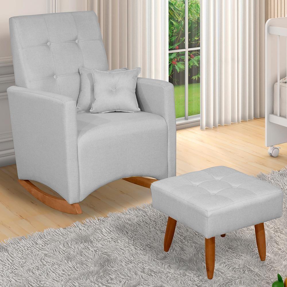 Poltrona De Amamentação Ana Com Balanço Pés Canoa E Puff Linho Cinza - Fratello Linho Cinza - 1