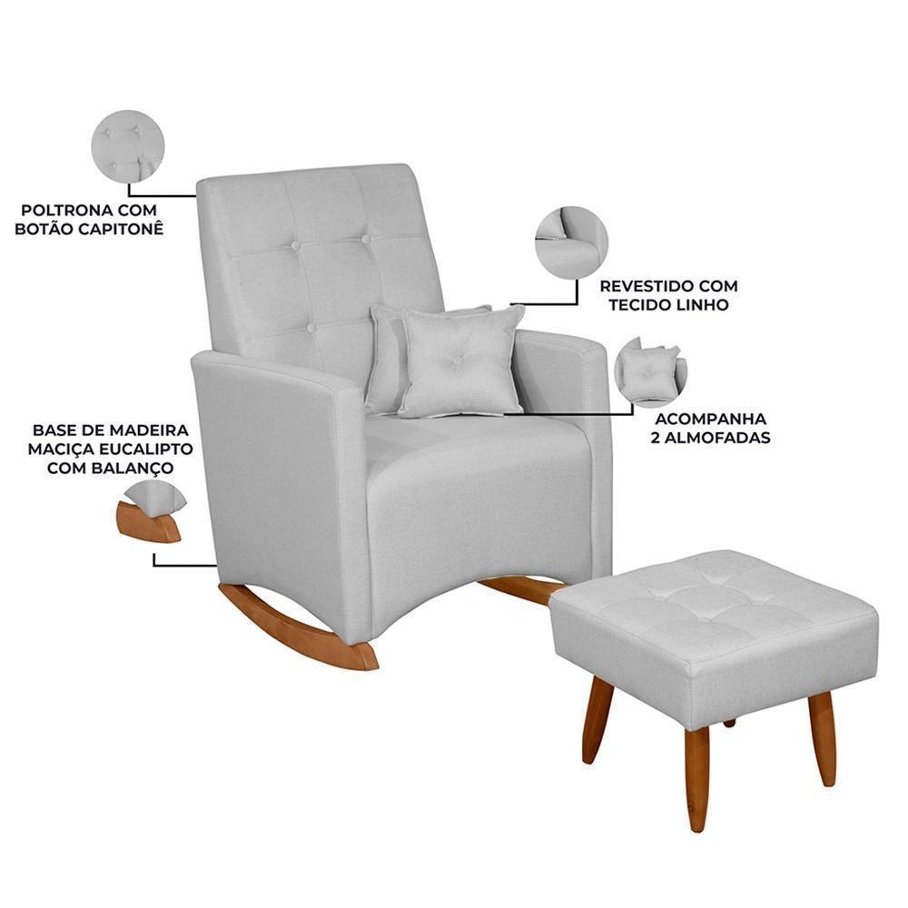 Poltrona De Amamentação Ana Com Balanço Pés Canoa E Puff Linho Cinza - Fratello Linho Cinza - 6
