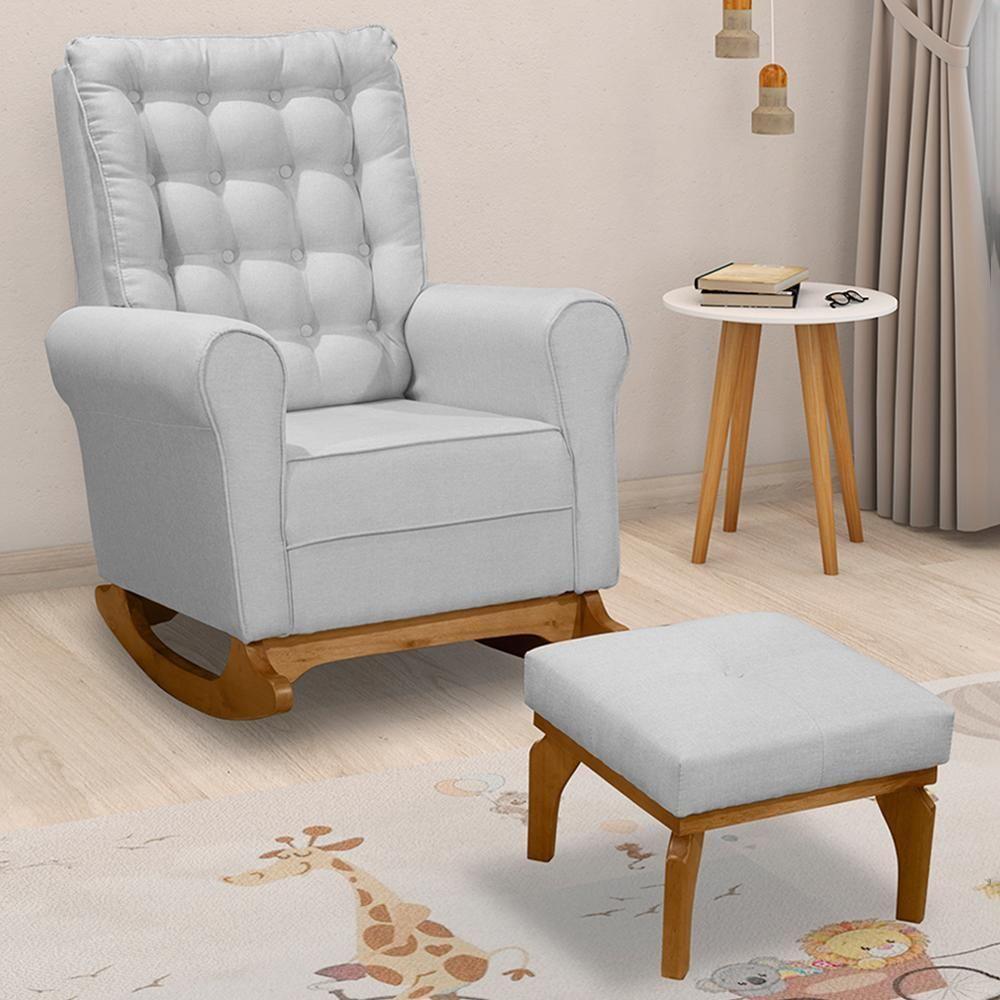 Poltrona De Amamentação Paris Com Balanço Pés Canoa E Puff Linho Cinza - Fratello - 1