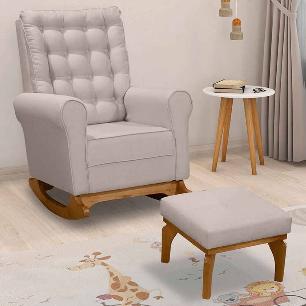 Poltrona De Amamentação Paris Com Balanço Pés Canoa E Puff Linho Bege - Fratello - 1