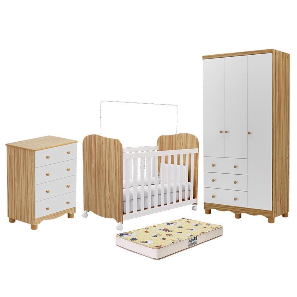 Dormitório Infantil Júnior 3 Portas, Cômoda E Berço Uli Branco Brilho/amêndoa Com Colchão Supreme - Móveis Peroba - 2