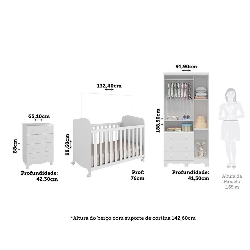 Dormitório Infantil Júnior 3 Portas, Cômoda E Berço Uli Branco Brilho Com Colchão Supreme - Móveis Peroba - 5