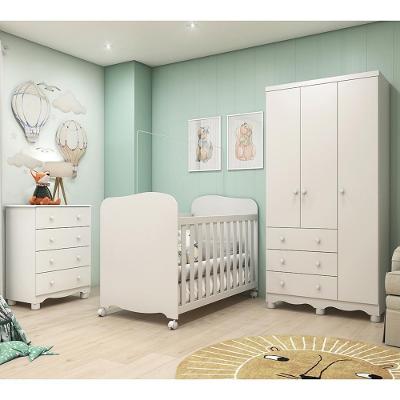 Dormitório Infantil Júnior 3 Portas, Cômoda E Berço Uli Branco Brilho Com Colchão Supreme - Móveis Peroba