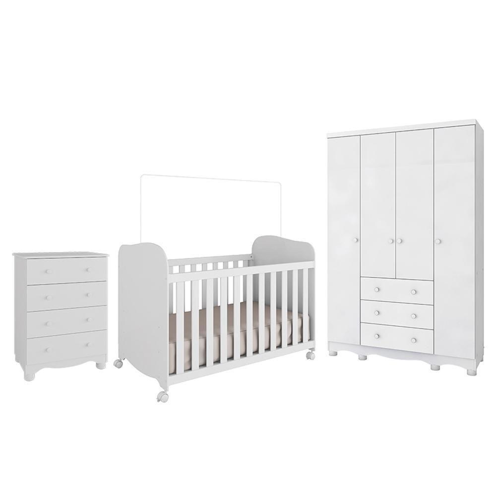 Dormitório Infantil Júnior Guarda Roupa 4 Portas, Cômoda E Berço Uli Branco Brilho - Móveis Peroba - 1