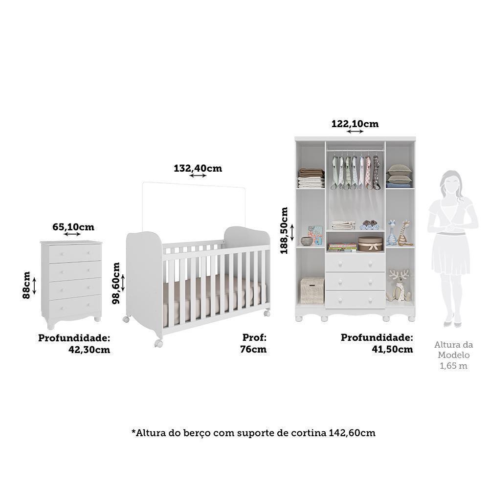 Dormitório Infantil Júnior Guarda Roupa 4 Portas, Cômoda E Berço Uli Branco Brilho - Móveis Peroba - 6