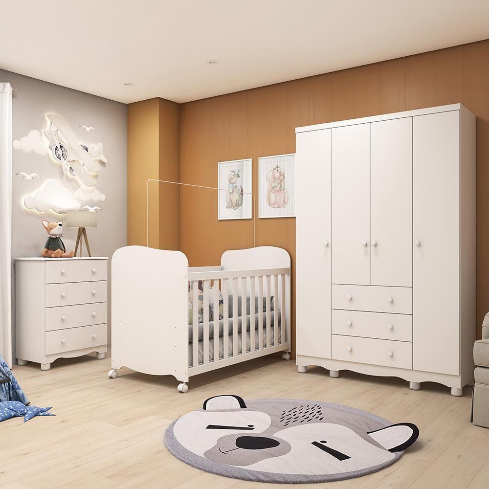 Dormitório Infantil Júnior 4 Portas, Cômoda E Berço Uli Branco Brilho Com Colchão Supreme - Móveis Peroba - 1