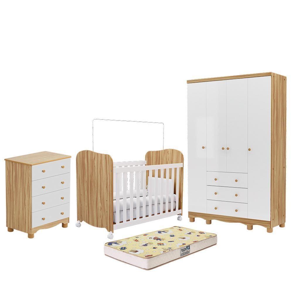 Dormitório Infantil Júnior 4 Portas, Cômoda E Berço Uli Branco Brilho/amêndoa Com Colchão Supreme - Móveis Peroba - 2
