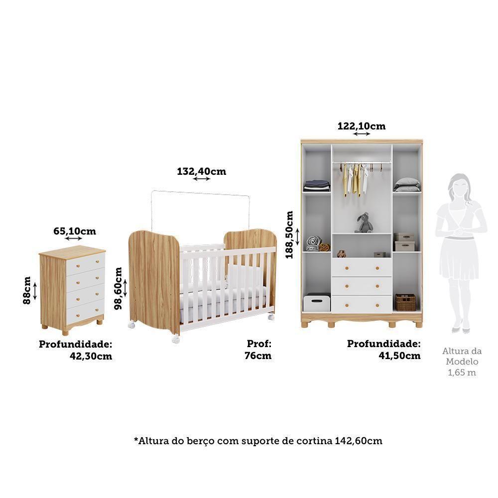 Dormitório Infantil Júnior 4 Portas, Cômoda E Berço Uli Branco Brilho/amêndoa Com Colchão Supreme - Móveis Peroba - 5