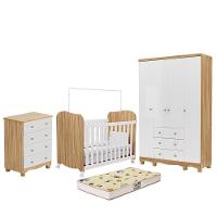 Dormitório Infantil Júnior 4 Portas, Cômoda E Berço Uli Branco Brilho/amêndoa Com Colchão Supreme - Móveis Peroba - 2