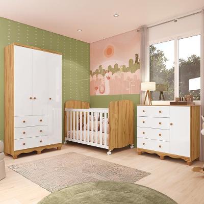 Dormitório Infantil Júnior Guarda Roupa 3 Portas, Cômoda 1 Porta E Berço Uli Branco Brilho/amêndoa - Móveis Peroba