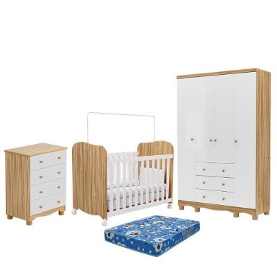 Dormitório Infantil Júnior 4 Portas, Cômoda E Berço Uli Branco Brilho/amêndoa Com Colchão Baby Physical - Móveis Peroba