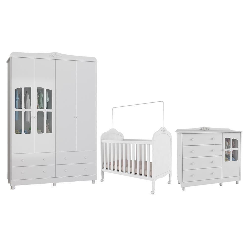 Dormitório Infantil Elô Janelas Guarda Roupa, Cômoda E Berço Branco Brilho - Móveis Peroba - 1