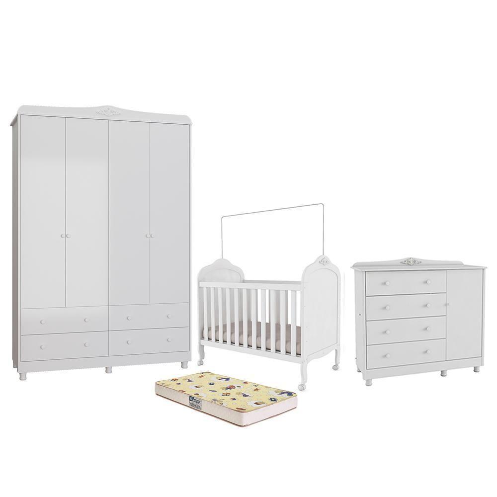 Dormitório Infantil Elô Guarda Roupa, Cômoda E Berço Branco Brilho Com Colchão Supreme - Móveis Peroba - 1