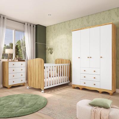 Dormitório Infantil Júnior Guarda Roupa 4 Portas, Cômoda E Berço Uli Branco Brilho/amêndoa - Móveis Peroba