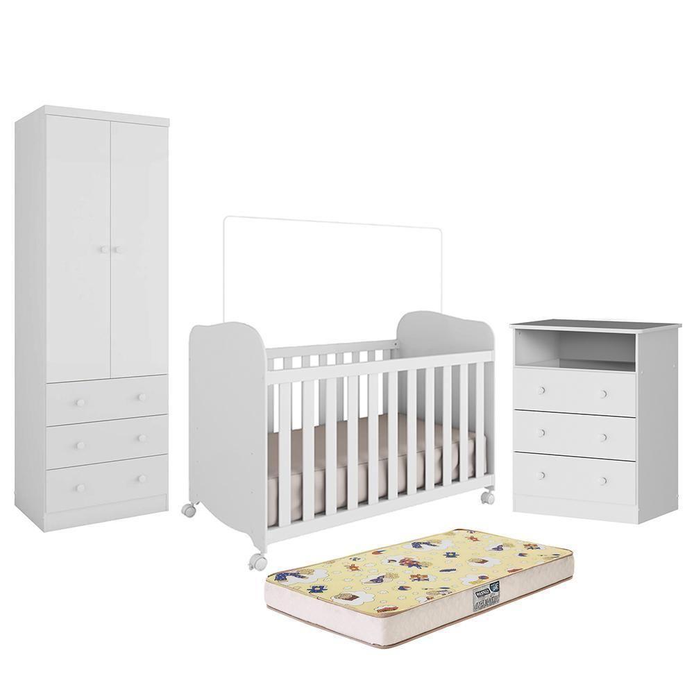Dormitório Infantil Smim Guarda Roupa, Cômoda E Berço Branco Brilho Com Colchão Supreme - Móveis Peroba - 2