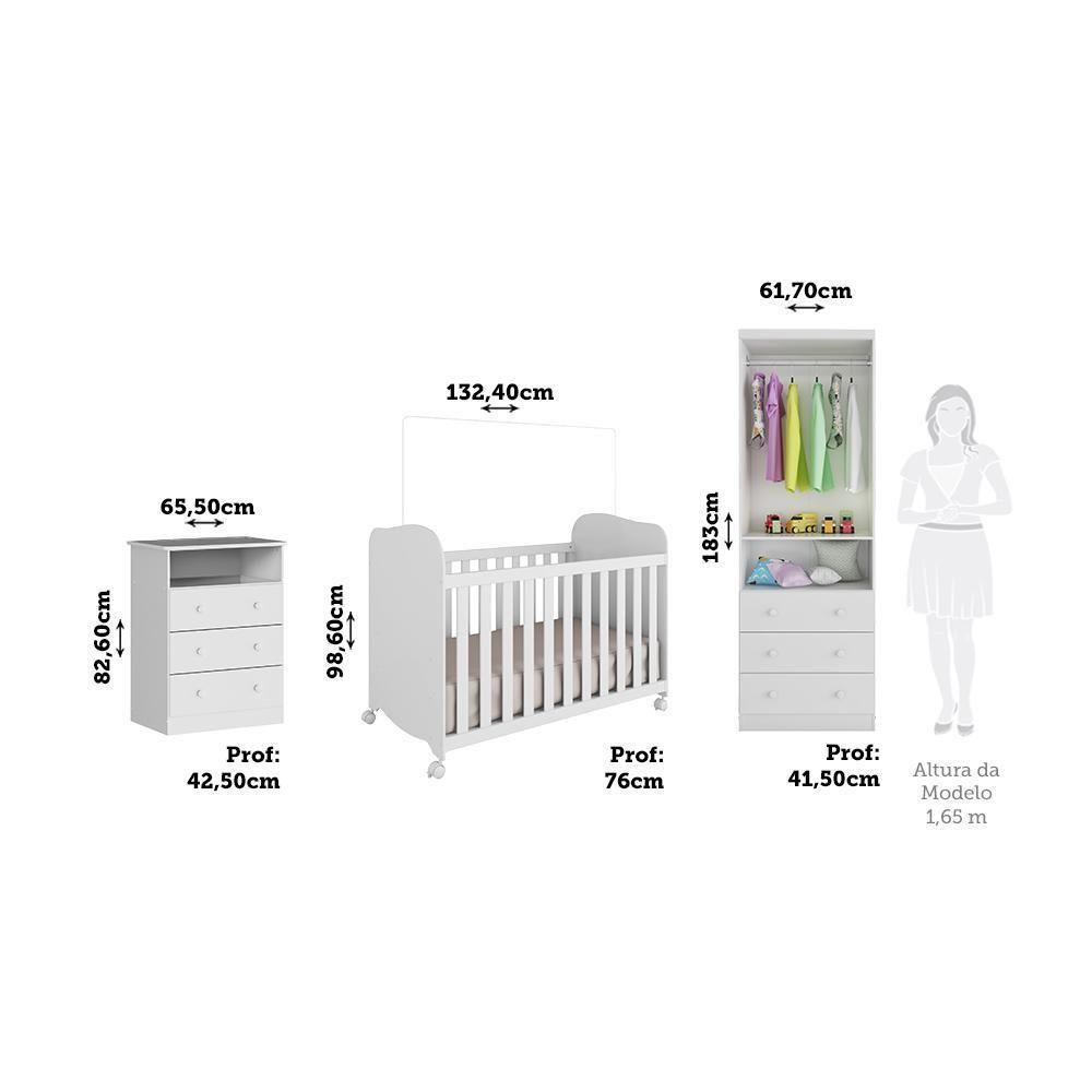 Dormitório Infantil Smim Guarda Roupa, Cômoda E Berço Branco Brilho Com Colchão Supreme - Móveis Peroba - 6
