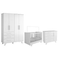Dormitório Infantil Retrô Guarda Roupa, Cômoda E Berço Branco Brilho Com Colchão Supreme - Móveis Peroba - 1