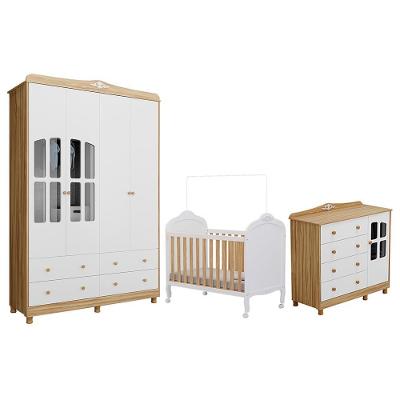 Dormitório Infantil Elô Janelas Guarda Roupa, Cômoda E Berço Branco Brilho/amêndoa - Móveis Peroba