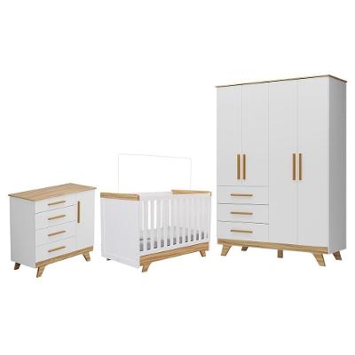 Dormitório Infantil Retrô Guarda Roupa, Cômoda E Berço Branco Brilho/amêndoa - Móveis Peroba