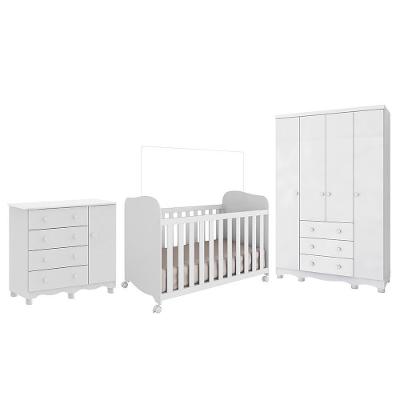 Dormitório Infantil Júnior Guarda Roupa 4 Portas, Cômoda 1 Porta E Berço Uli Branco Brilho - Móveis Peroba
