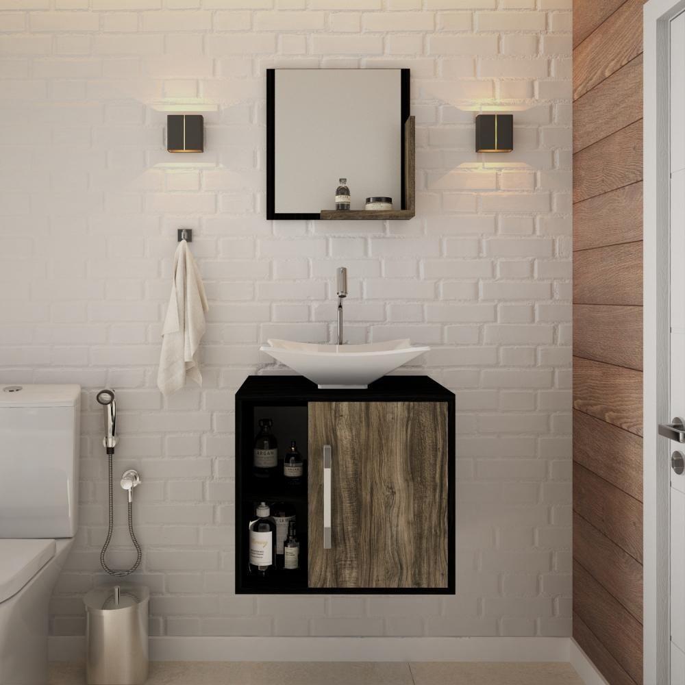 Conjunto Balcão C-cuba L38 E Espelheira Soft 500 Preto ônix C-carvalho Preto ônix C-carvalho Dark - 1