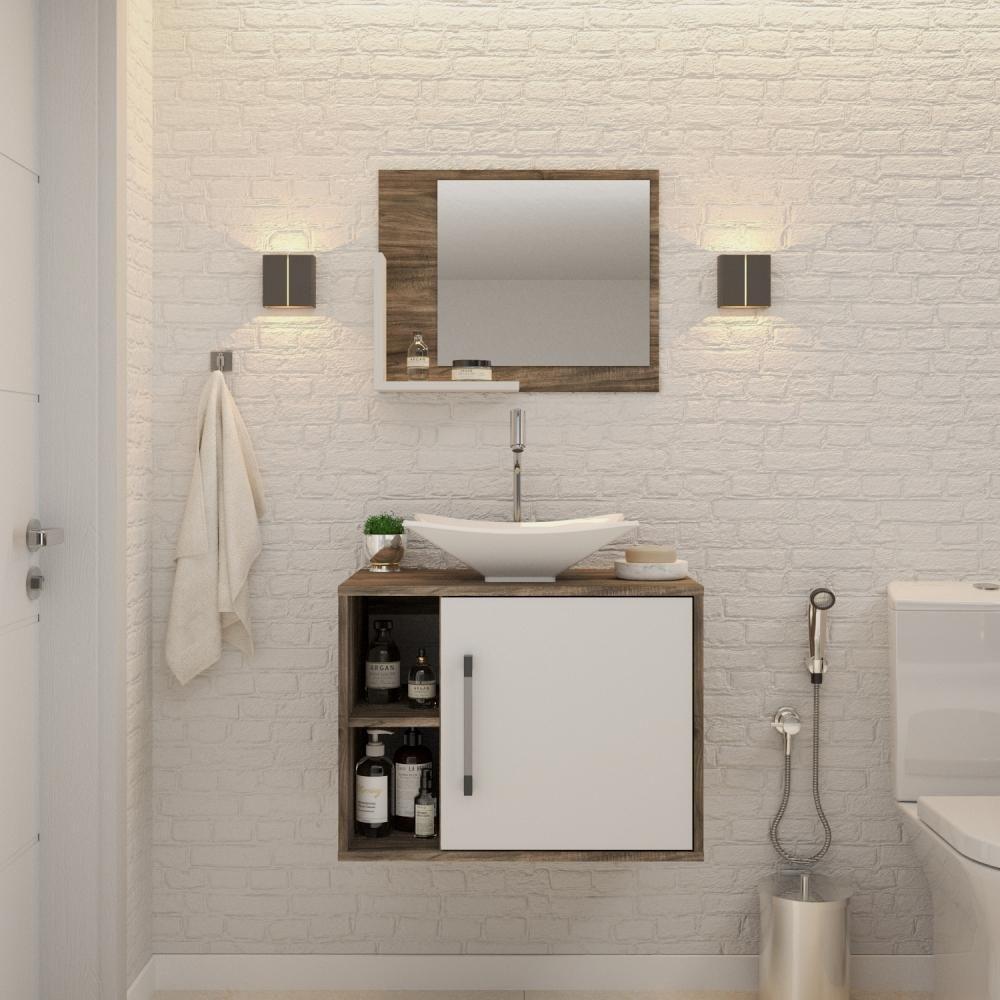 Conjunto Balcão C-cuba L38 E Espelheira Soft 600 Carvalho Dark Carvalho Dark C-branco Chess - 1