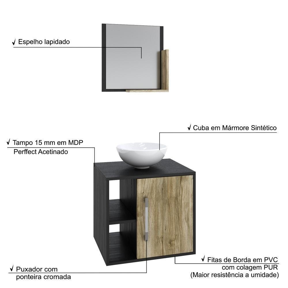 Conjunto Balcão C-cuba R30 E Espelheira Soft 500 Preto ônix C-branco Chess Preto ônix C-carvalho - 3