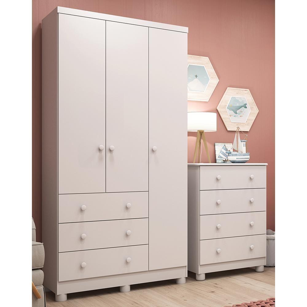 Jogo De Quarto Infantil Júnior Guarda Roupa 3 Portas E Cômoda 4 Gavetas Branco Brilho - Móveis Peroba - 1