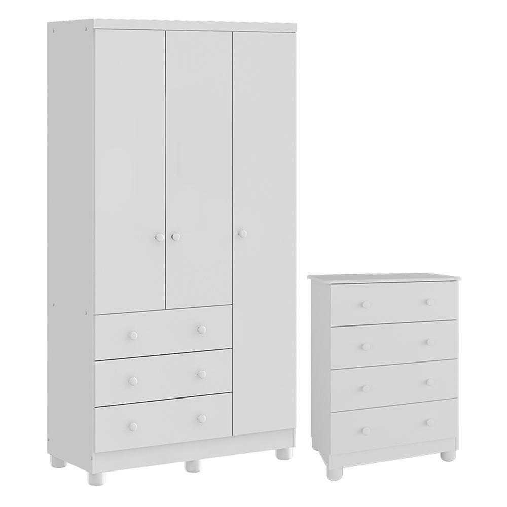 Jogo De Quarto Infantil Júnior Guarda Roupa 3 Portas E Cômoda 4 Gavetas Branco Brilho - Móveis Peroba - 2