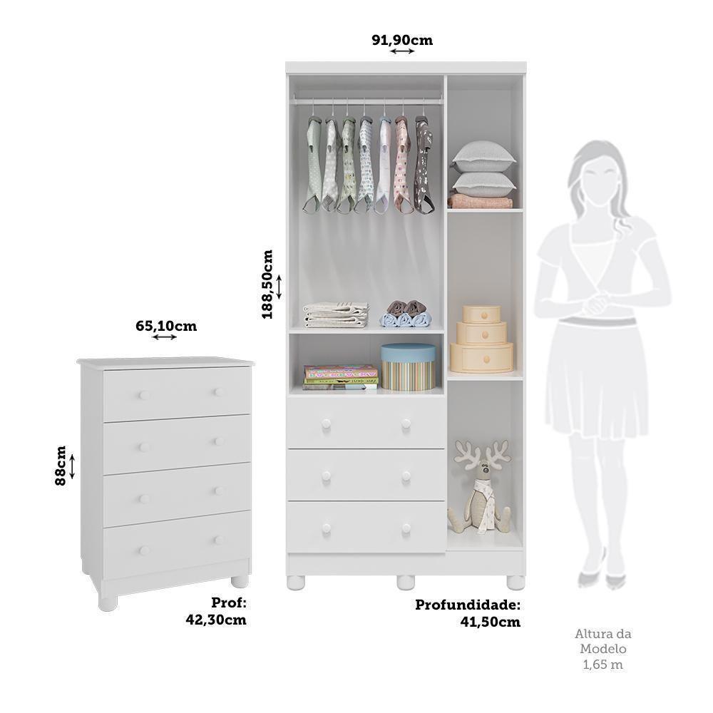Jogo De Quarto Infantil Júnior Guarda Roupa 3 Portas E Cômoda 4 Gavetas Branco Brilho - Móveis Peroba - 5