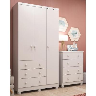 Jogo De Quarto Infantil Júnior Guarda Roupa 3 Portas E Cômoda 4 Gavetas Branco Brilho - Móveis Peroba