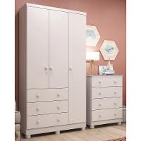 Jogo De Quarto Infantil Júnior Guarda Roupa 3 Portas E Cômoda 4 Gavetas Branco Brilho - Móveis Peroba - 1