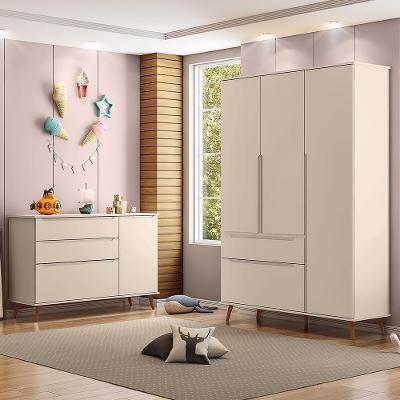 Jogo De Quarto Infantil Retrô Melinda Guarda Roupa E Cômoda Com Porta Off White - Phoenix Baby