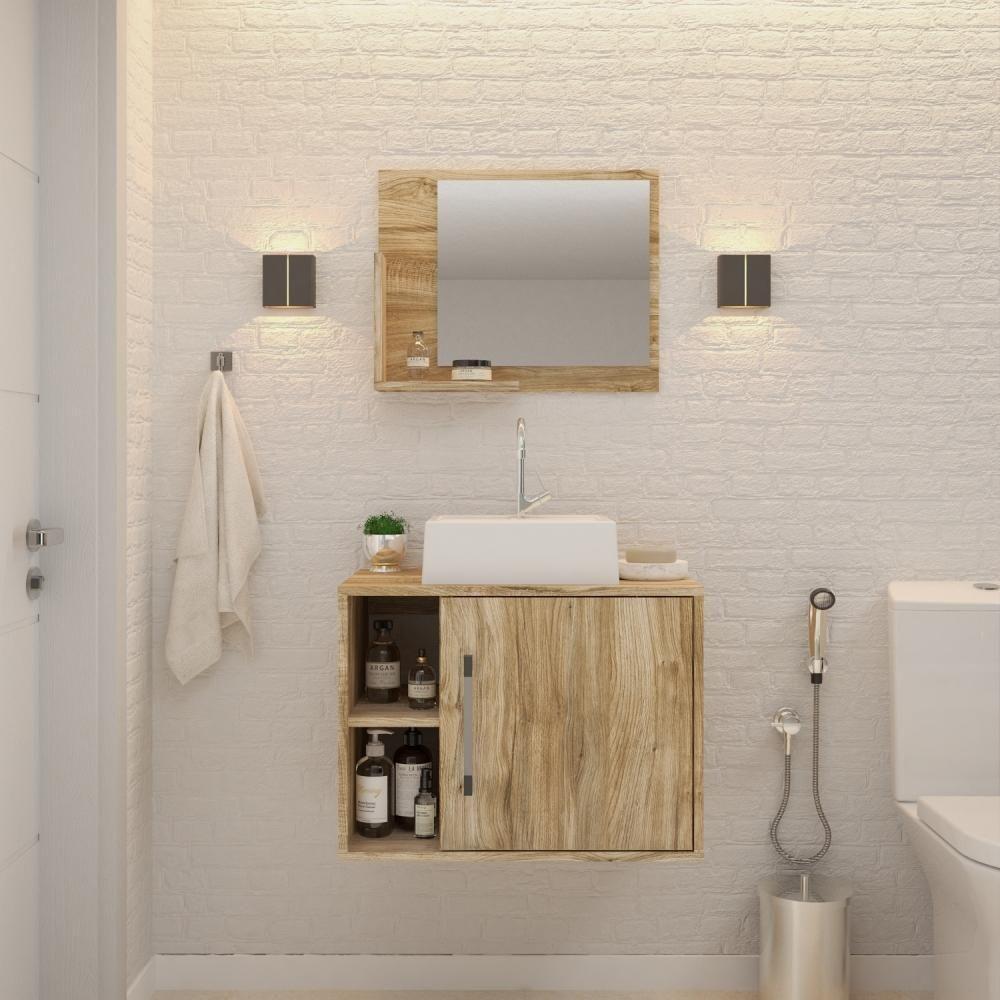 Conjunto Balcão C-cuba Q32 E Espelheira Soft 600 Preto Onix C-snow Carvalho - 1