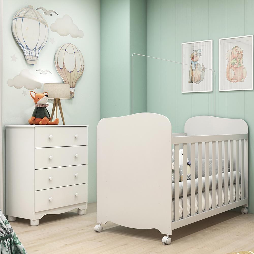 Jogo De Quarto Infantil Com Cômoda 4 Gavetas Júnior E Berço Uli Branco Brilho - Móveis Peroba - 2