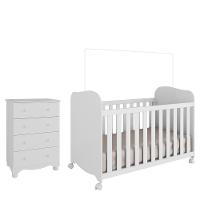 Jogo De Quarto Infantil Com Cômoda 4 Gavetas Júnior E Berço Uli Branco Brilho - Móveis Peroba - 1