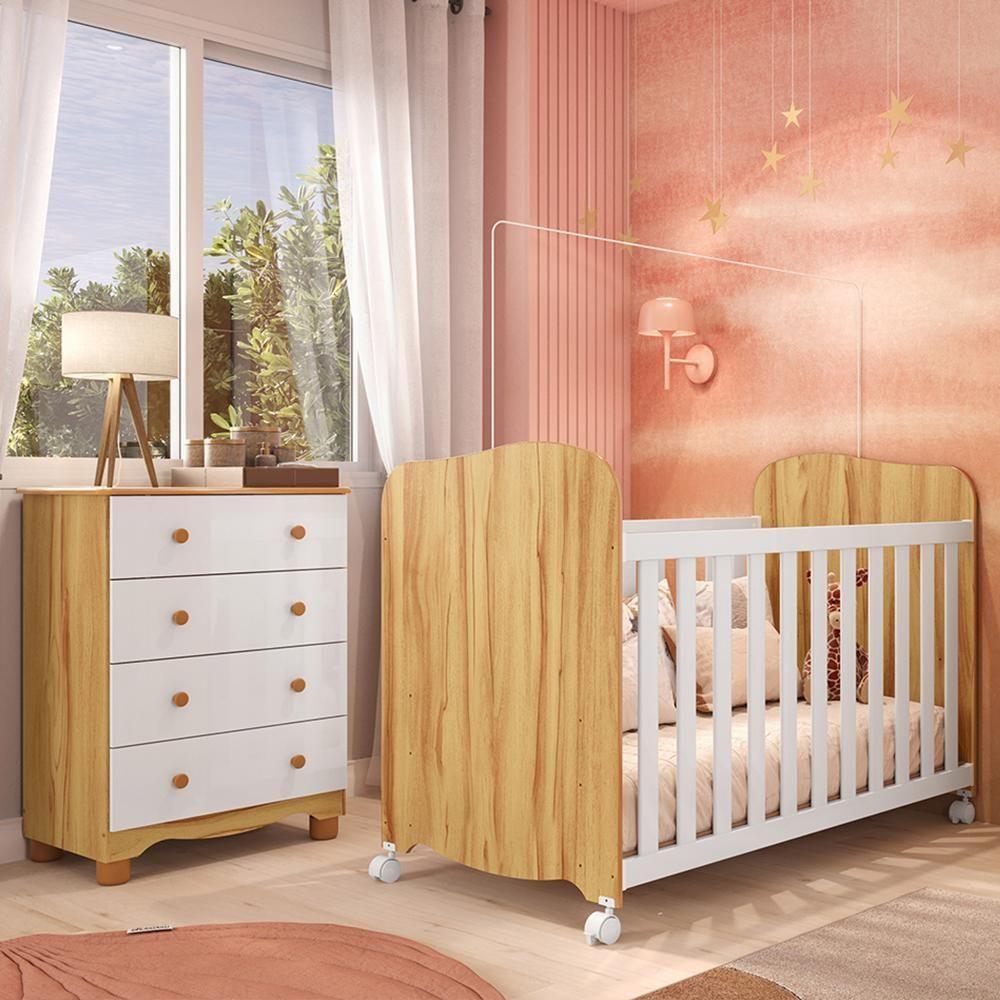 Jogo De Quarto Infantil Com Cômoda 4 Gavetas Júnior E Berço Uli Branco Brilho/amêndoa - Móveis Peroba - 1