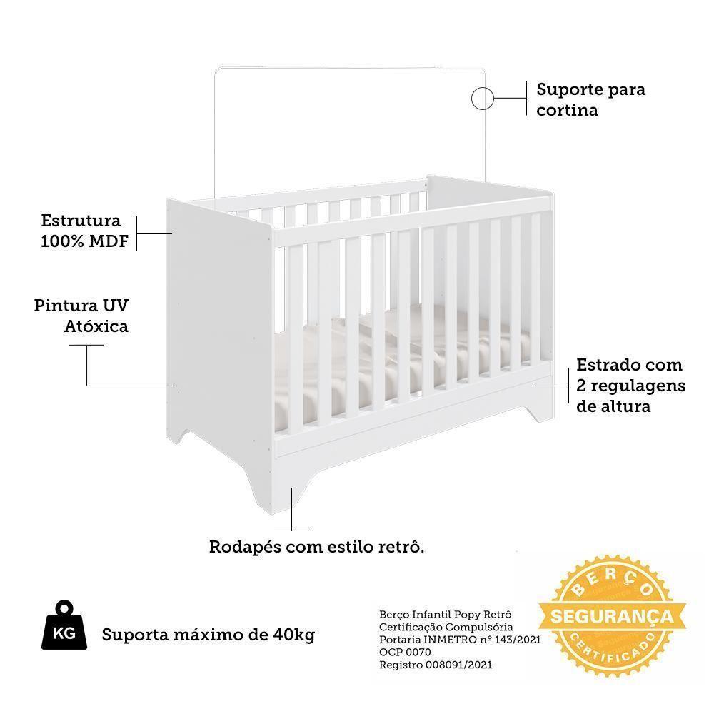 Jogo De Quarto Infantil Popy Retrô Plus Cômoda 1 Porta E Berço Branco Brilho - Móveis Peroba - 4