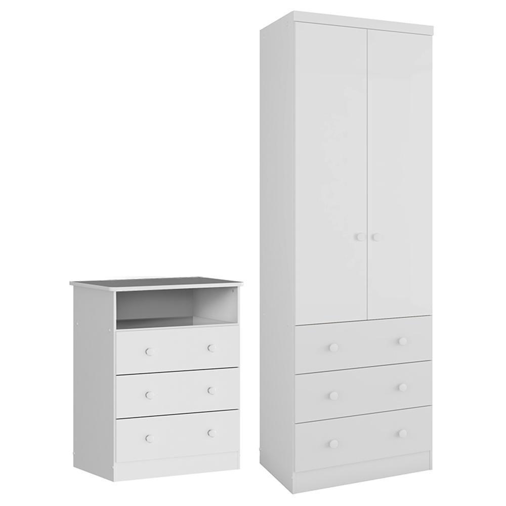 Jogo De Quarto Infantil Smim Guarda Roupa 2 Portas E Cômoda 3 Gavetas Branco Brilho - Móveis Peroba Branco Brilho - 1