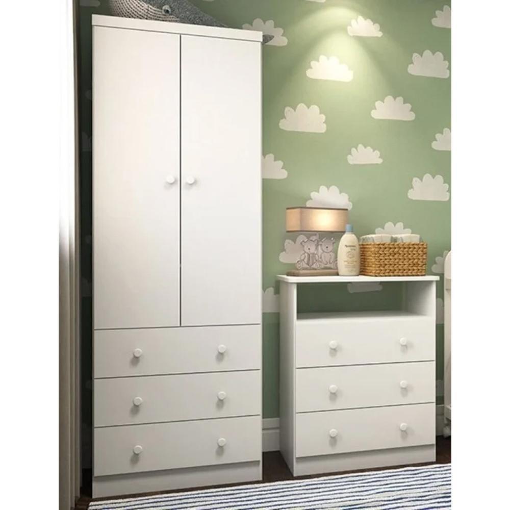 Jogo De Quarto Infantil Smim Guarda Roupa 2 Portas E Cômoda 3 Gavetas Branco Brilho - Móveis Peroba Branco Brilho - 2