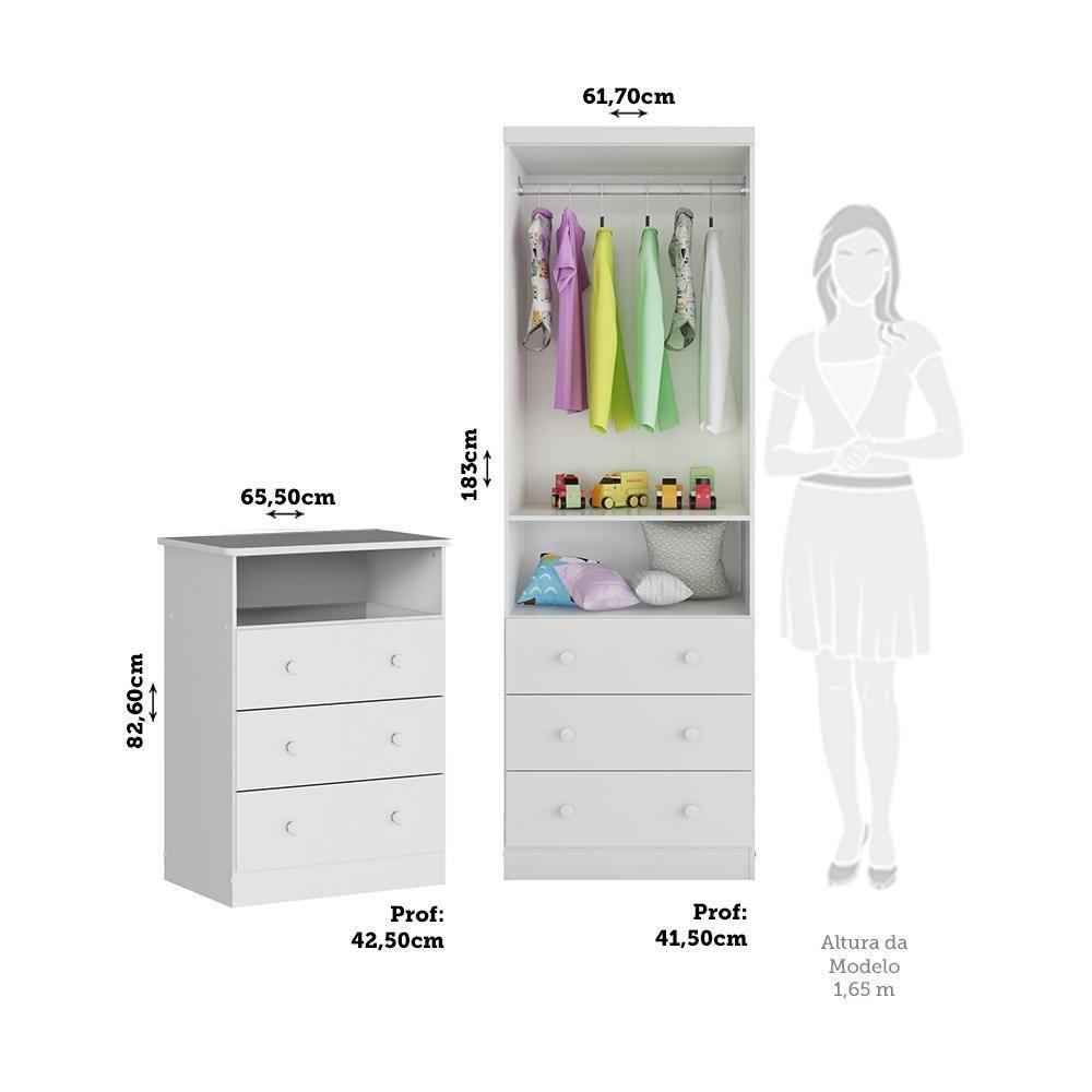 Jogo De Quarto Infantil Smim Guarda Roupa 2 Portas E Cômoda 3 Gavetas Branco Brilho - Móveis Peroba Branco Brilho - 6