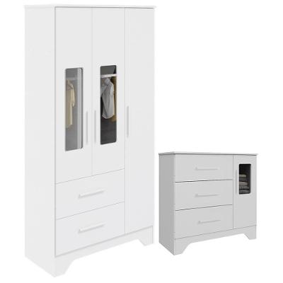 Jogo De Quarto Infantil Popy Retrô Plus Com Janelas Guarda Roupa E Cômoda Branco Brilho - Móveis Peroba