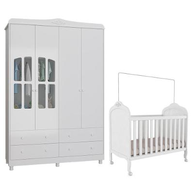 Jogo De Quarto Infantil Elô Com Janela Guarda Roupa E Berço Branco Brilho - Móveis Peroba