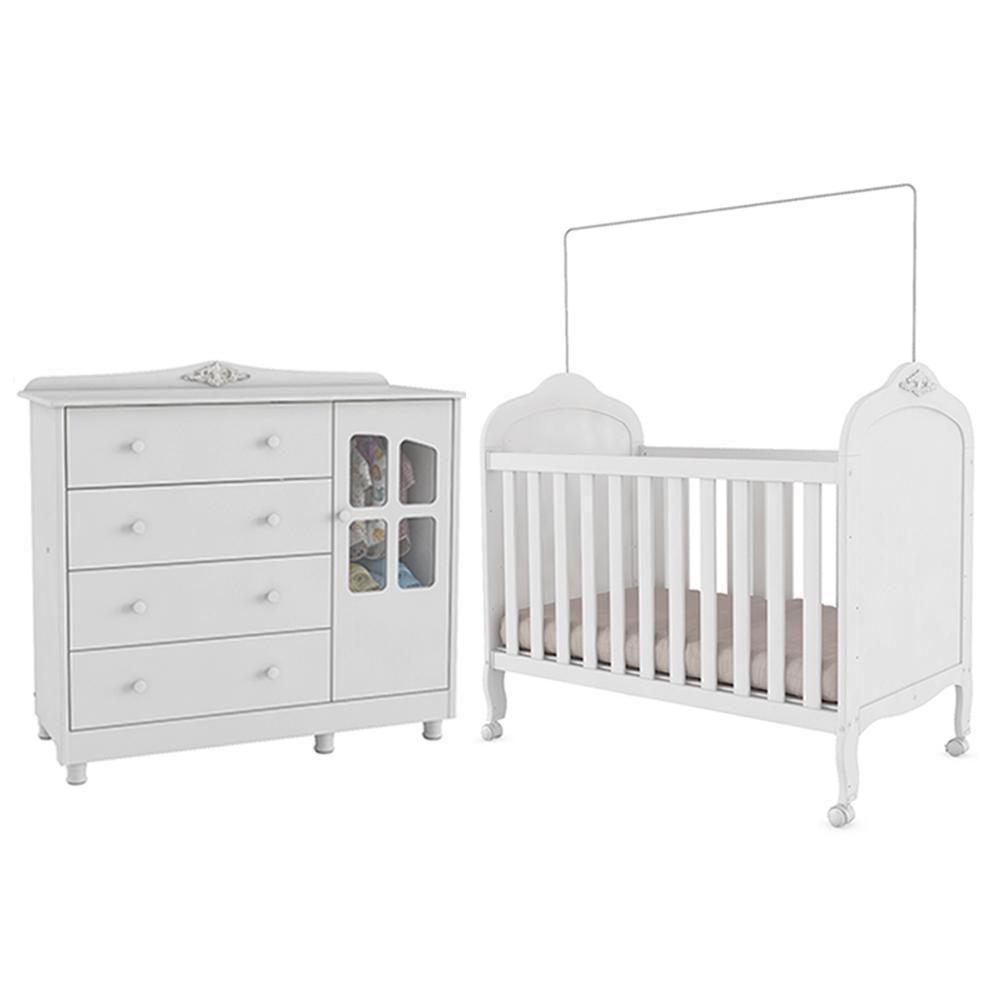 Jogo De Quarto Infantil Elô Com Janela Cômoda E Berço Branco Brilho - Móveis Peroba - 1
